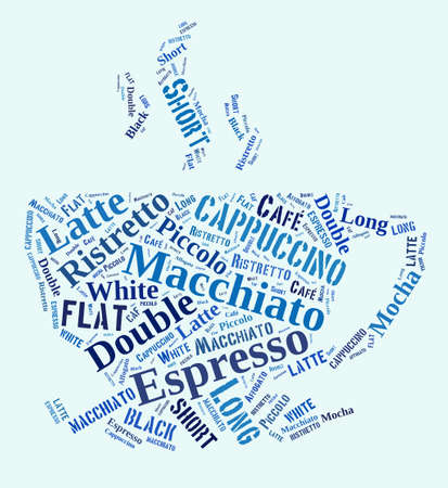 Index of coffee drinks words cloud collage, poster background, coffee concept on beautiful cup shapeの写真素材