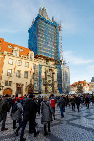 PRAGUE, CZECH REPUBLIC - DECEMBER 9, 2017: Repairing the Prague astronomical clock, or Prague orloj,...