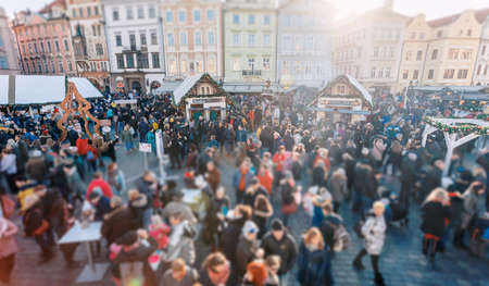 PRAGUE, CZECH REPUBLIC - DECEMBER 8, 2018: Peoples on the famous advent Christmas market at Old Town Square with christmas tree in Prague. It is very popular destination with tourists visiting Prague. December 8, 2018 Prague, Czech Republic.のeditorial素材
