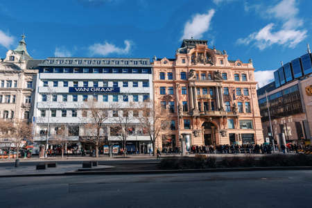 PRAGUE, CZECH REPUBLIC - DECEMBER 8, 2018: Historic buildings in Advent christmas time at Wenceslas...