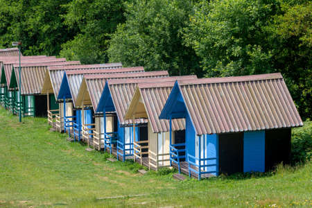 beautiful blue chalets in a summer camp for childrenの写真素材