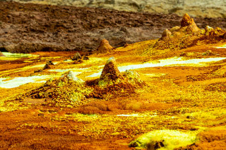 Beautiful small sulfur lakes Dallol, Ethiopia. Danakil Depression is the hottest place on Earth in terms of year-round average temperatures. It is also one of the lowest places on the planetの写真素材