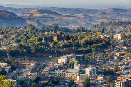 Panorama of city Gondar with Fasil Ghebbi, Royal fortress-city within Gondar, Ethiopia. Imperial palace castle complex is also called Camelot of Africa. UNESCO World Heritage Site.のeditorial素材