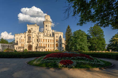 HLUBOKA NAD VLTAVOU, CZECH REPUBLIC - JULY 6, 2017: Beautiful and famous hite renaissance castle Hluboka nad Vltavou, one of most beautiful castles in the Czech Republic, July 6. 2017のeditorial素材