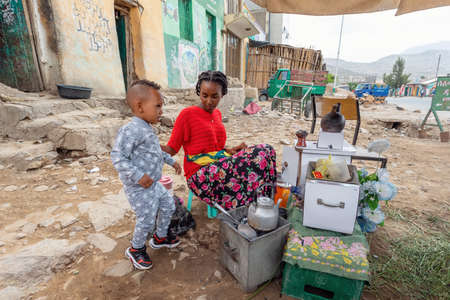 Inticho, Tigray Region, Ethiopia - April 28, 2019: Ethiopian traditional Coffee ceremony, beautiful...