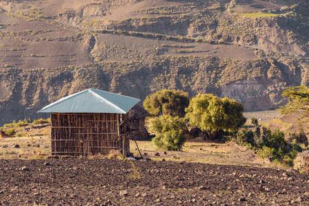 Beautiful mountain landscape with traditional ethiopian house Amhara region near city Lalibela....