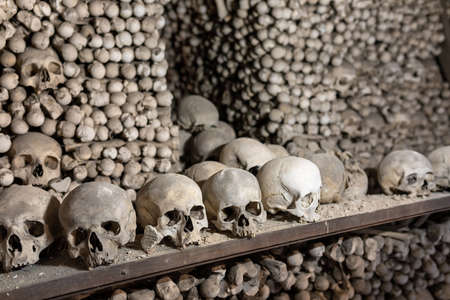 Human skulls and bones Kostnice Sedlec Ossuary, small Roman Catholic chapel, Cemetery Church of All Saints in Sedlec, a suburb of Kutna Hora in the Czech Republic. UNESCO world heritage siteのeditorial素材