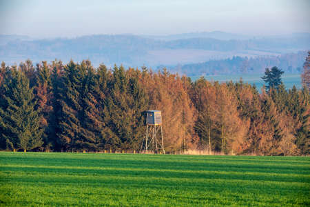 Wooden Hunters hunting tower in countryside landscape, Czech Republic, European Sceneryの写真素材
