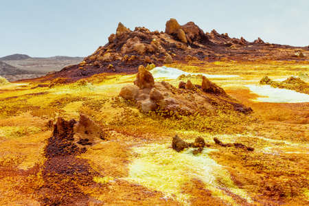 Colorful incredible abstract apocalyptic landscape like moonscape of Dallol Lake in Crater of Dallol...