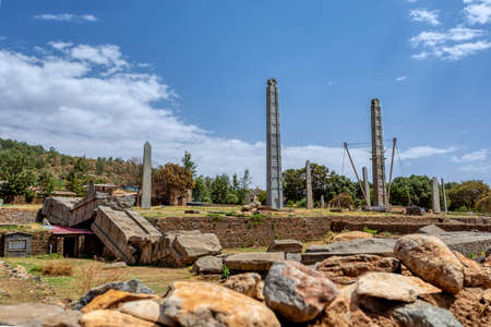 Ancient monolith stone obelisk, symbol of the old Aksumite civilization in the city of Aksum, Ethiopia.の写真素材