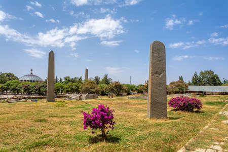 Ancient monolith stone obelisk, symbol of the old Aksumite civilization in the city of Aksum, Ethiopia.の写真素材