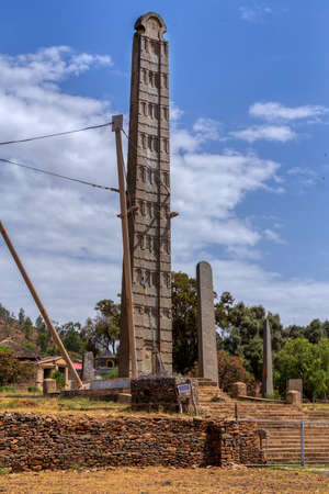 Ancient monolith stone obelisk, symbol of the old Aksumite civilization in the city of Aksum, Ethiopia.の写真素材