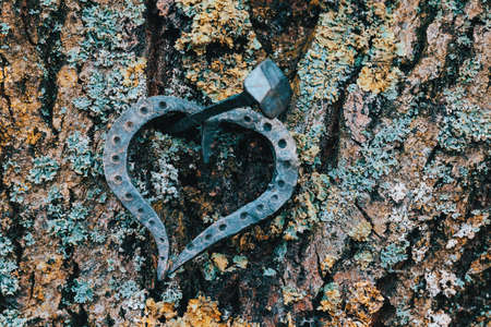 forged heart and nail, love valentine grunge concept,の写真素材