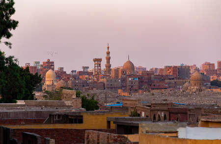 Old part of Cairo, capital of Egypt, panorama of the dead city or city of the dead. Necropolis and old cemetery where they live alive with the dead.の写真素材