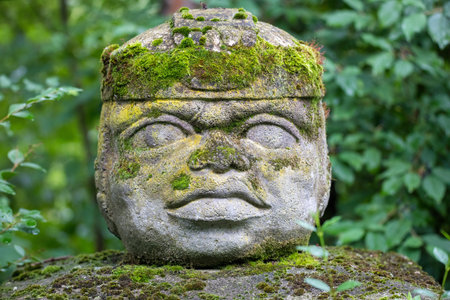 Replica of Olmec civilization Sculpture, colossal head carved from stone in forest. Big stone head statue in a jungle.の写真素材