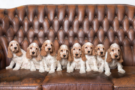 huge family of English Cocker Spaniel with small puppies, posing to camera on Breeding station, descendants of European champions.の写真素材