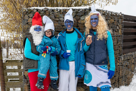 PUKLICE, CZECH REPUBLIC - FEBRUARY 29, 2020: Peoples in mask attend Masopust or the Mardi Gras carnival, traditional ceremonial door-to-door procession. February 29, 2020 in Puklice, Czech Republicのeditorial素材