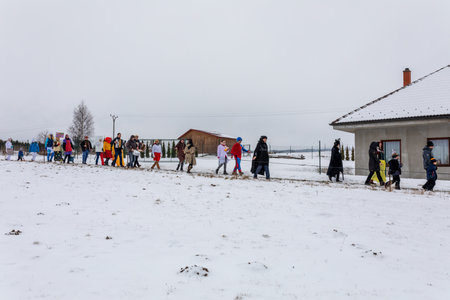 PUKLICE, CZECH REPUBLIC - FEBRUARY 29, 2020: Peoples in mask attend Masopust or the Mardi Gras carnival, traditional ceremonial door-to-door procession. February 29, 2020 in Puklice, Czech Republicのeditorial素材