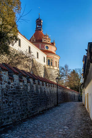 Old town view of narrow aisle in city Jindrichuv Hradec under castle, a town in the Czech Republic in the region South Bohemia. The old town view.のeditorial素材