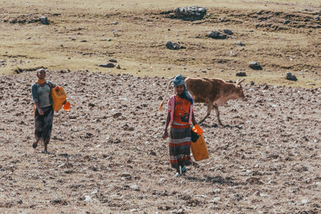 OROMIA REGION, ETHIOPIA, APRIL 19.2019, Unknown Ethiopian farmer woman walking with water canister on dry field. April 19. 2019 in Oromia Region, Ethiopiaのeditorial素材