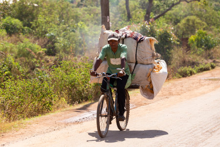 Befato, Madagascar - November 11, 2022: A Malagasy man on a bicycle transports large sacks. Traditional transport of the poor population in Madagascarのeditorial素材