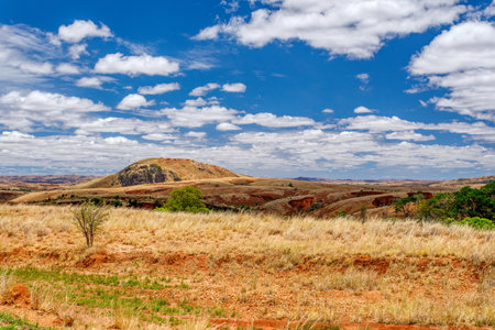 Devastated central Madagascar landscape, Mahajanga Province. Highland deforested countryside. Deforestation creates agricultural pastoral land but also results in ecological problems with soil and water.の写真素材
