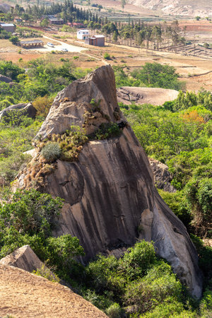 Stunning mountain landscape in the Anja Community Reserve, Madagascar, with vibrant flora and fauna. Nature, travel, adventure, outdoors, hiking, biodiversity. Madagascar wilderness mountain landscapeの写真素材
