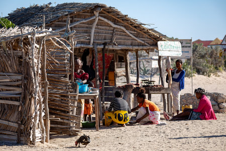 Anakao, Madagascar - November 22nd 2022: Meat stall in a hut on a hot and sunny day. Daily life and local business in Anakao, a coastal town in southern Madagascarのeditorial素材