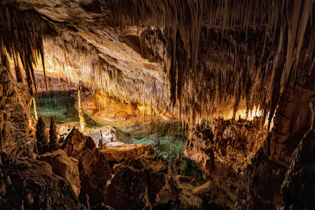 Dragon cave, Coves del Drach, (Cuevas del Drach). Stalactite mysterious underground caverns. Porto Cristo Balearic Islands Mallorca Spain. Vacation concept.の写真素材