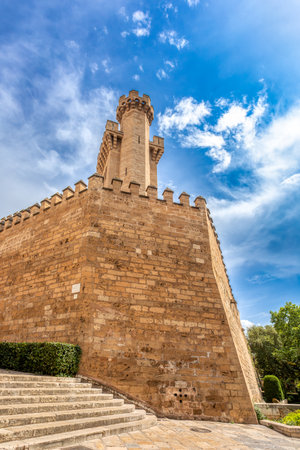 Fortress walls of Palma de Mallorca behind Gothic medieval cathedral La Seu. Balearic Islands Mallorca Spain. Travel agency vacation concept.のeditorial素材