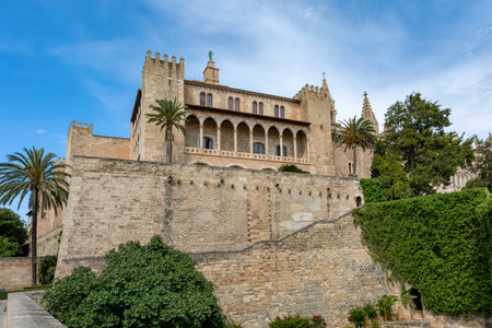 Royal Palace of La Almudaina next to cathedral La Seu. One of the official residences of the Spanish royal family. City of Palma de Mallorca. Balearic Islands Spain. Travel agency vacation concept.のeditorial素材
