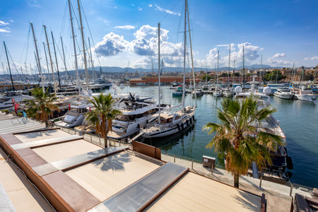 Scenic view of capital city Palma de Mallorca port. Sunny day with blue sky. Balearic Islands Mallorca Spain.の写真素材