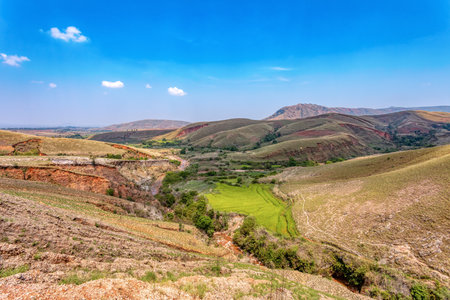 Devastated Madagascar landscape, Mandoto, Province Vakinankaratra. Deforested highland countryside with erosion. Massive deforestation creates agricultural pastoral land but also an ecological problem.の写真素材