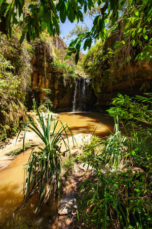 Small rain forest waterfall, pure unattached nature, beautiful Isalo national park. Unattached Madagascar wilderness landscape with lagoon.の写真素材