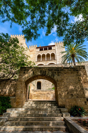 Royal Palace of La Almudaina next to cathedral La Seu. One of the official residences of the Spanish royal family. City of Palma de Mallorca. Balearic Islands Spain. Travel agency vacation concept.のeditorial素材