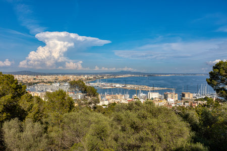 Scenic view of capital city Palma de Mallorca cityscape. View from Bellver Castle hill to old town center with cathedral La Seu. Balearic Islands Mallorca Spain.のeditorial素材