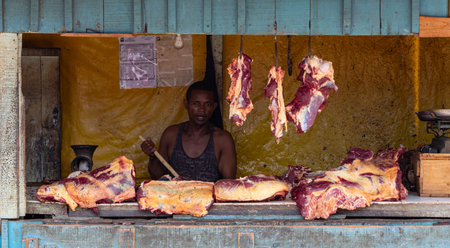 Miandrivazo, Madagascar - 02/11/2022: A hot day in Miandrivazo, Madagascar, with a street stall butcher shop open with raw meat.のeditorial素材