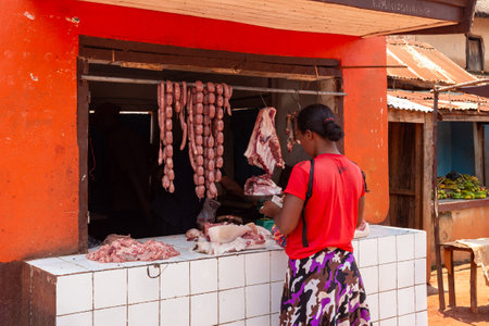 Mandoto, Madagascar - November 9th, 2022: A woman buys meat from a street butchery in Mandoto, Madagascar. The shop displays sausages on a stand that hangs in the heat of the day.のeditorial素材