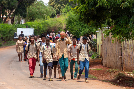 MANDOTO, MADAGASCAR - NOVEMBER 9 2022: The Malagasy students in uniform are a symbol of hope for the future of Madagascar. They are bright, ambitious, and determined to change the world.のeditorial素材