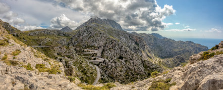 Mirador Coll de Reis, Nudo de Corbata, Serra de Tramuntana mountain, Balearic Islands Mallorca Spain. Travel agency vacation concept.の写真素材