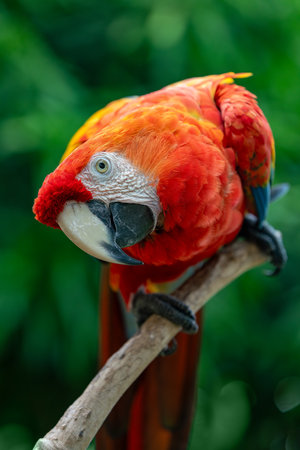 Scarlet macaw (Ara macao) is a large yellow, red and blue Neotropical parrot native to humid...