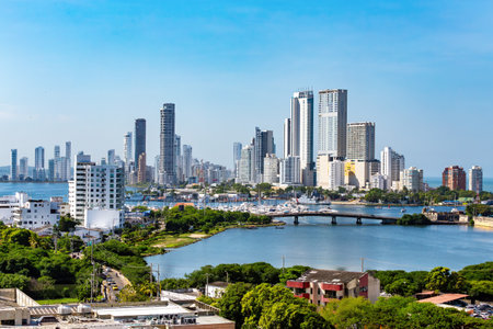 Urban skyline of Cartagena de Indias city on the Caribbean coast of Colombiaの写真素材