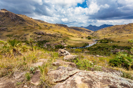 Andringitra national park, Haute Matsiatra region, Madagascar, beautiful mountain landscape. Hiking in Andringitra mountains. Sunny day with blue sky. Madagascar wilderness mountain landscape.の写真素材