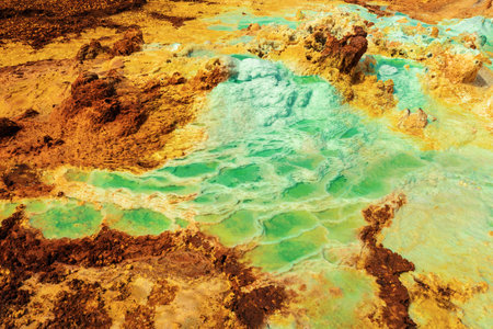Colorful abstract apocalyptic landscape like moonscape of Dallol Lake in Crater of Dallol Volcano, Danakil Depression, Afar Triangle Ethiopiaの写真素材