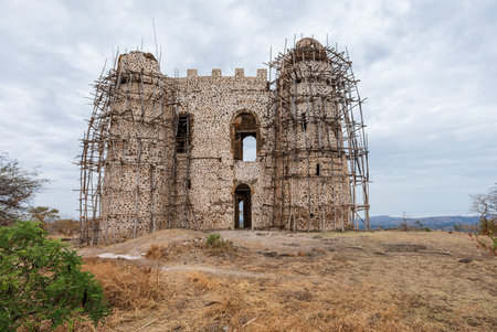 Ruins of Guzara royal palace on strategic hill near Gondar city, Ethiopia, African heritage...