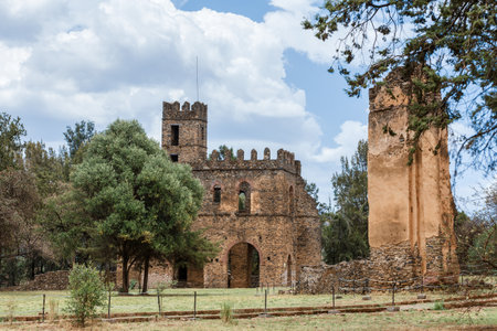 Royal Fasil Ghebbi palace, Gondar fortress-city, Ethiopia. Founded by Emperor Fasilides. Imperial palace castle complex is called Camelot of Africa. African architecture. UNESCO World Heritage Site.の写真素材