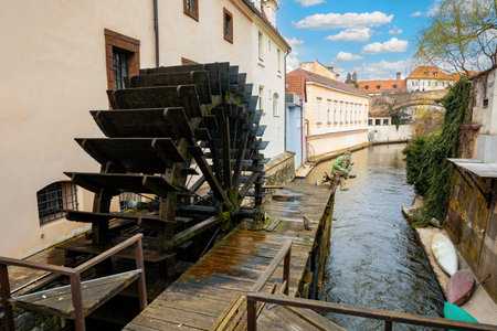 Kampa Island, known as Venice of Prague, in the Mala Strana with small river Devil, Certovka. In front mill-wheel. Central Bohemia, Czech Republicの写真素材