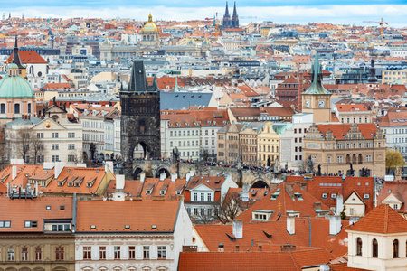 Panorama of old historic town Prague in Czech Prague, view from castle hill to famous Charles bridge in sunny day, Central Bohemia, Czech Republicの写真素材