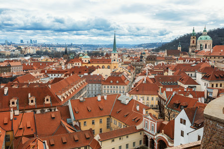Panorama of old historic town Prague in Czech Prague, view from castle hill in sunny day, Central Bohemia, Czech Republicの写真素材