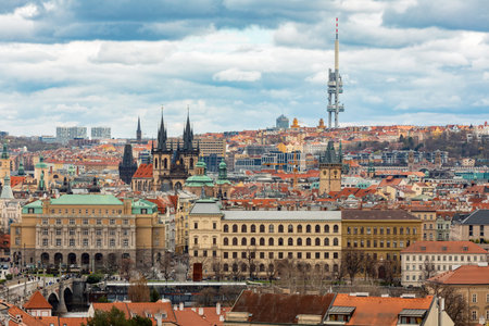 Panorama of old historic town Prague in Czech Prague, view from castle hill to old town square in sunny day, Central Bohemia, Czech Republicの写真素材